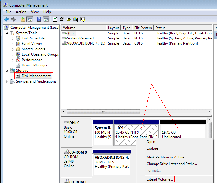 Extend the partition in Windows